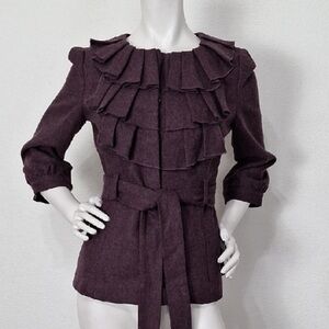 Tabitha Anthropologie Plum Purple Preppy Wool Blend Ruffle Front Jacket Size 6